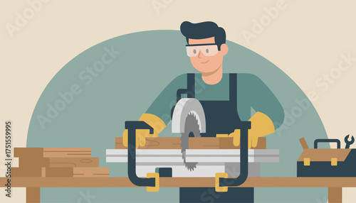 Man cutting wood with circular saw wearing safety gear DIY craftsmanship home improvement