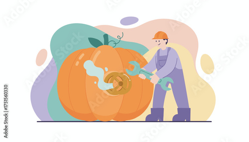 Smiling worker repairs a leaking pumpkin with a wrench symbolizing whimsical autumn maintenance or problemsolving