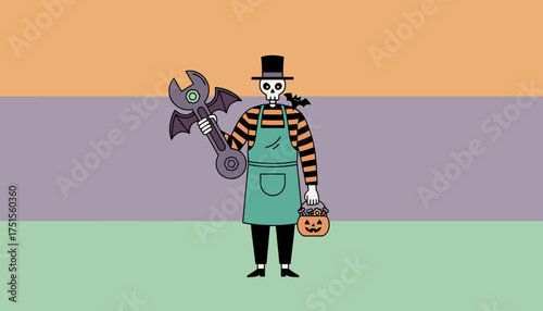 Halloween skeleton mechanic holds a bat wrench and candy bucket Perfect for holiday service concepts