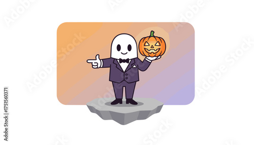 Happy ghost in suit points holding glowing Halloween pumpkin Spooky celebration concept