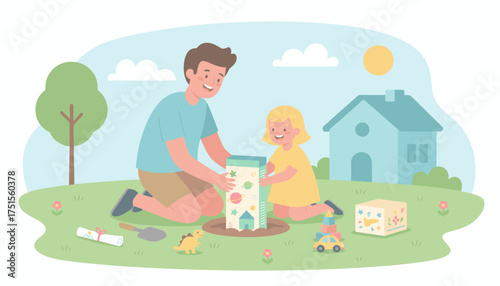 Happy father and daughter planting a time capsule in their garden celebrating growth and family bonding