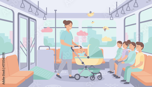 Mother and happy baby in stroller using public transport Convenient urban family travel