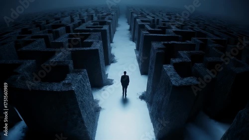 Person in Dark Suit Standing in Endless Maze with Dim Blue Lighting and Dramatic Fog