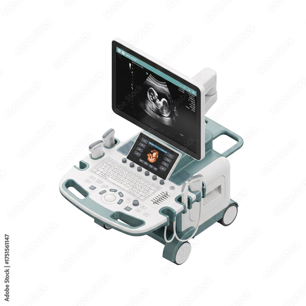 Fototapeta premium Isometric view of a modern ultrasound machine displaying fetal images on its screens and control panel on transparent background