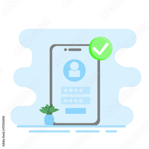 Illustration of successful registration for account creation online on a mobile phone.