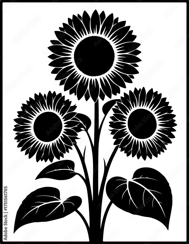 Fototapeta premium 3 Sunflower silhouette with round center and large radial petals