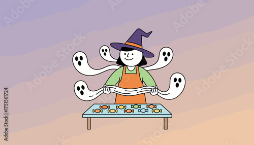 Joyful witch stretches playful ghosts with candy nearby Festive Halloween illustration holiday fun