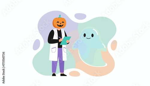 Pumpkinheaded character in lab coat takes notes from friendly ghost Halloween concept