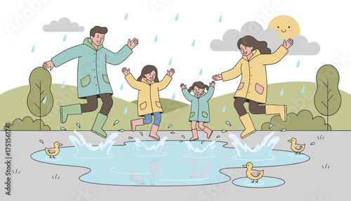 Happy family with kids jumping in puddles in raincoats Joyful outdoor playtime