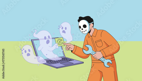 Technician in skull mask fixing laptop with digital ghosts and powerrefresh icon IT support concept