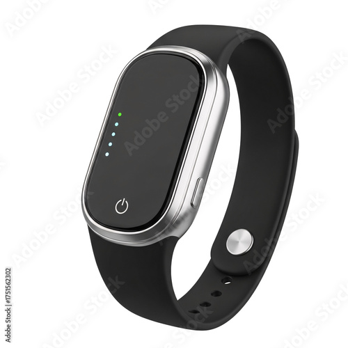 A close up of a black smart watch with a silver frame and green lights on a black background display on transparent background
