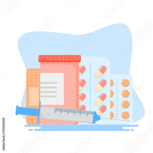 illustrations of various types of medicines and medical equipment.