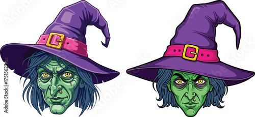 Spooky green witches with purple hats for halloween celebration art