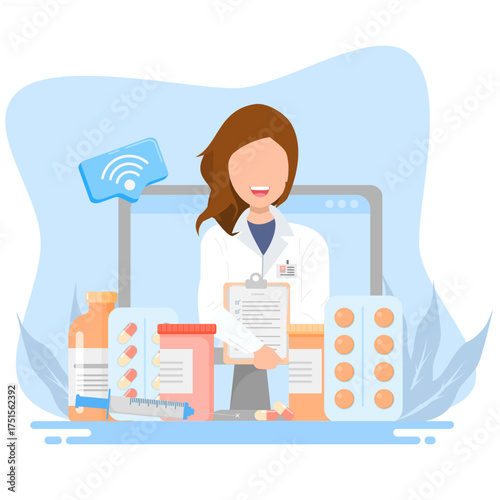 Illustration of a doctor providing online patient complaint services.