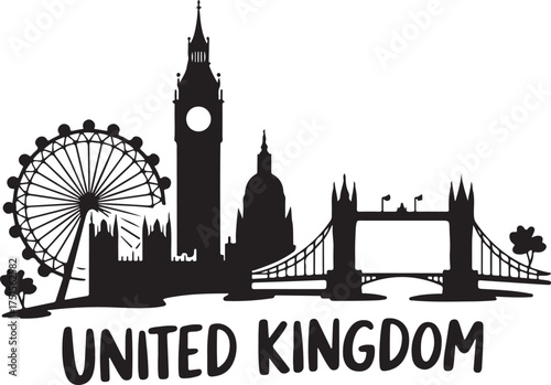 United Kingdom Skyline Silhouette Famous Landmarks and Monuments