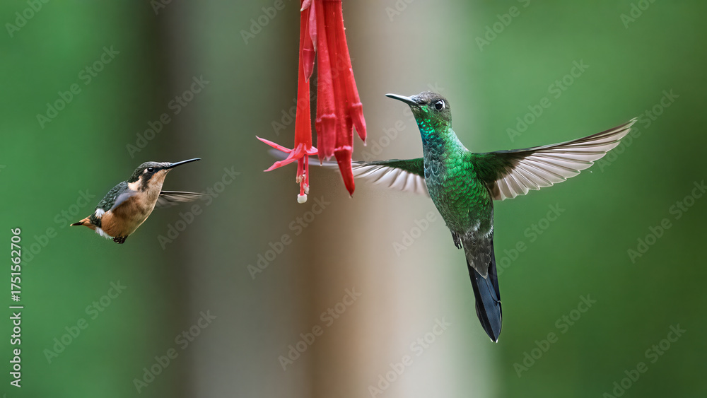 Obraz premium Violet-fronted Brilliant and White-bellied Woodstar Hummingbirds Feeding at Red Fuchsia Flower in Ecuadorian Cloud Forest