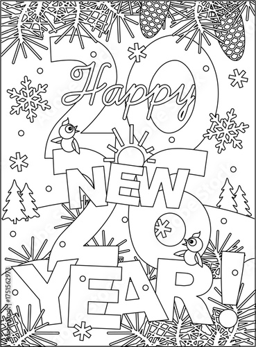 Happy New Year 2026 greeting. Coloring page for kids and adults with outdoor winter scene. Sign, poster, card, banner. Black and white, printable.
