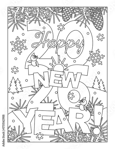 Happy New Year 2026 greeting. Coloring page for kids and adults with outdoor winter scene. Sign, poster, card, banner. Black and white, printable.