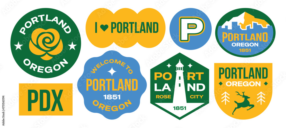 Naklejka premium Portland oregon stickers travel collection. Set of US popular city badges. 