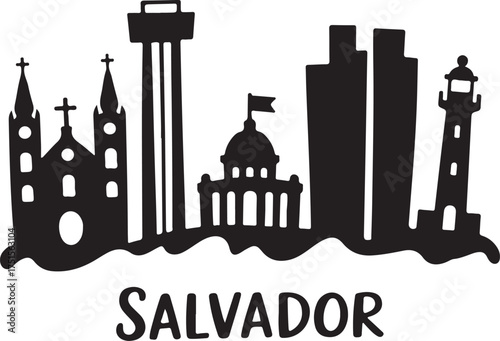 Salvador Skyline Silhouette Landmark Black on Checkered