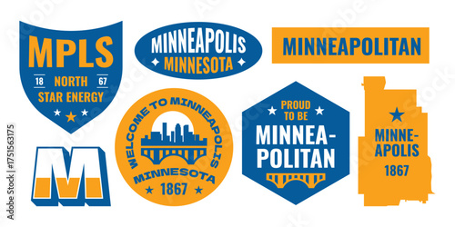 Minneapolis minnesota stickers travel collection. Set of US popular city badges.