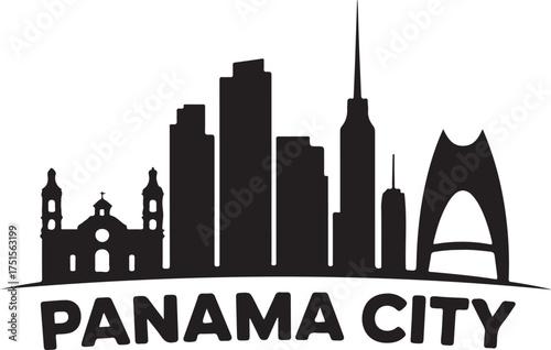 Panama City Skyline Silhouette Landmark Black on Checkered