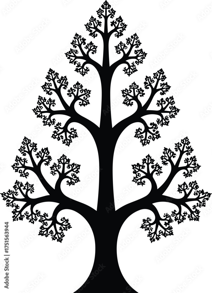 Obraz premium fractal tree with recursive branching limbs, solid black silhouette