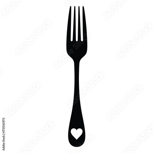 Black fork with heart cutout on white background utensil