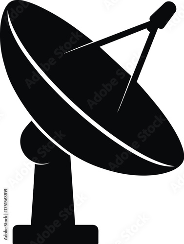 satellite dish with parabolic reflector and feed horn tilted upward, side profile, solid black silhouette