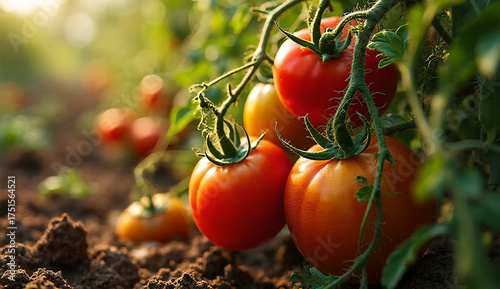 Ripe tomato plants growing in a sunlit garden with red and yellow fruits and lush green leaves