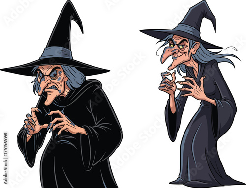 Two spooky ugly witches in pointed hats ready for halloween magic