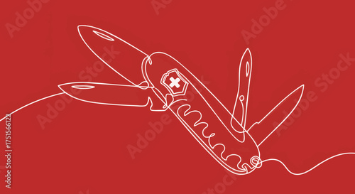 Minimalist continuous line drawing of a Swiss Army knife on a vibrant red background, abstract and modern design