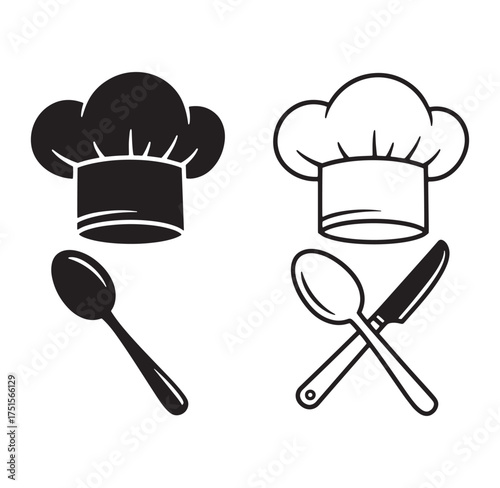 Black and white chef hat spoon and knife icons illustrating cooking culinary themes