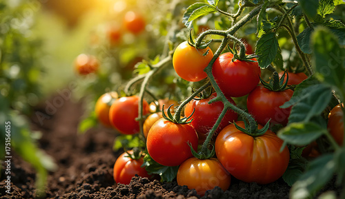 Ripe tomato plants heavy with red and yellow fruit among lush green leaves