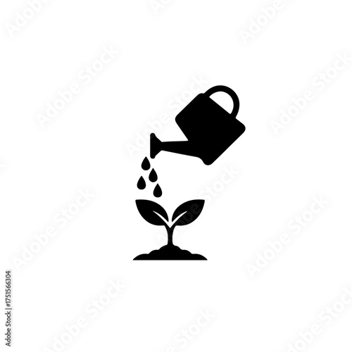 Minimalist black and white icon of a sprout being watered, symbolizing planting, nurturing, healthy growth, and environmental renewal. Ideal for Earth Day