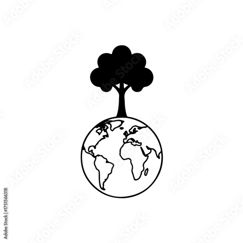 Minimalist black and white icon of a strong tree growing from the Earth, symbolizing life, nature, environmental growth, and renewal. Ideal for Earth Day
