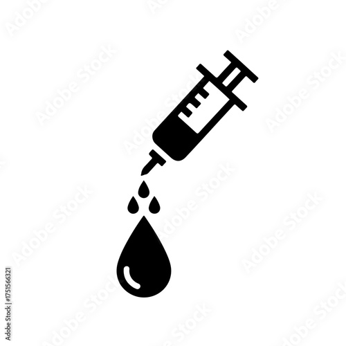 Minimalist black and white icon showing a syringe dispensing fluid into a blood drop, symbolizing Factor Replacement Therapy, infusion, and treatment for hemophilia. Ideal for World Hemophilia Day