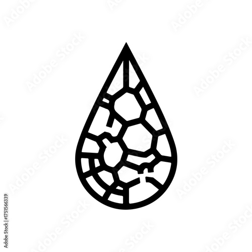 Black and white icon of a blood drop containing an incomplete, net-like structure, symbolizing the failure of blood to clot (coagulation cascade) in hemophilia. Ideal for World Hemophilia Day