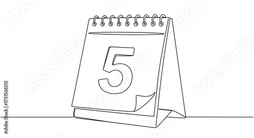 Desk calendar with flipped page showing number five in outline design  