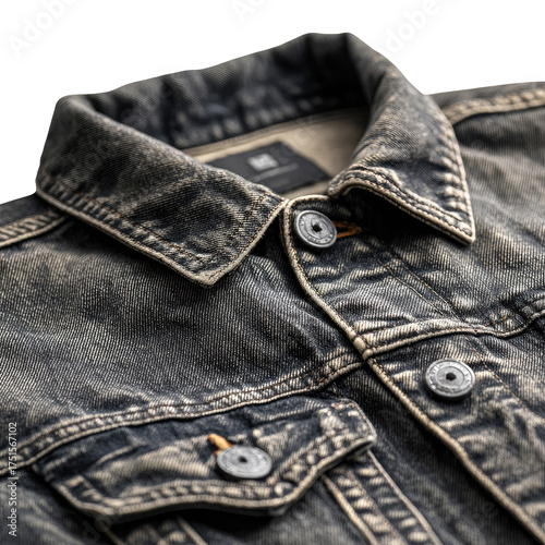 Close-up vintage, worn denim jacket with collar, pockets, and button details