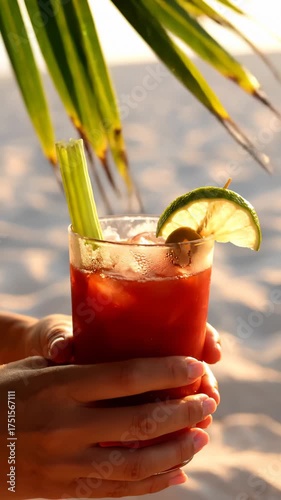 Person Holding Bloody Mary Cocktail at Beach With Palm Fronds