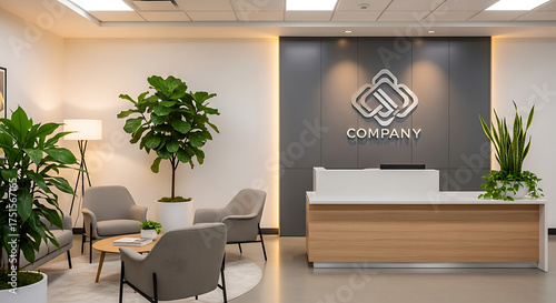 A modern office reception area with seating plants and a company logo on the back wall
