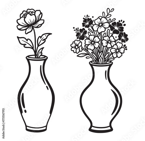 Elegant black and white flower vase illustrations for decorative designs and artwork