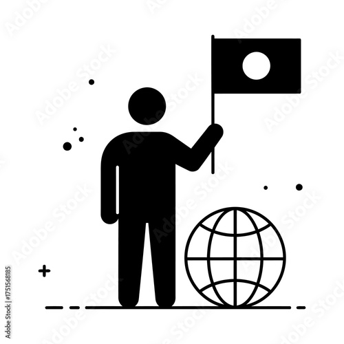 Silhouette of a person holding a flag over a globe, representing global leadership or international presence.