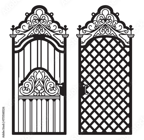 Elegant black and white vector illustrations of two ornate garden gate designs