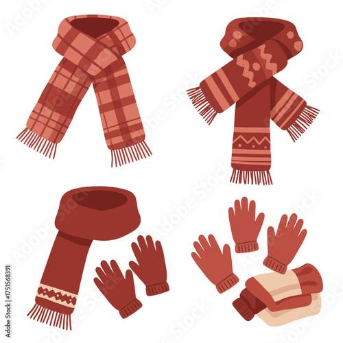 Knitted Scarf, Gloves, and Hat Set – Warm Winter and Autumn Clothing Illustration