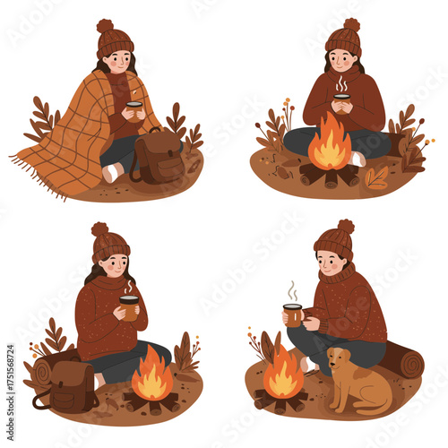 Friends sitting around campfire illustration, cozy outdoor autumn gathering aesthetic