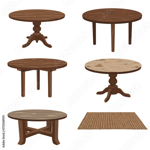 Wooden round tables furniture set, rustic home decor elements vector illustration