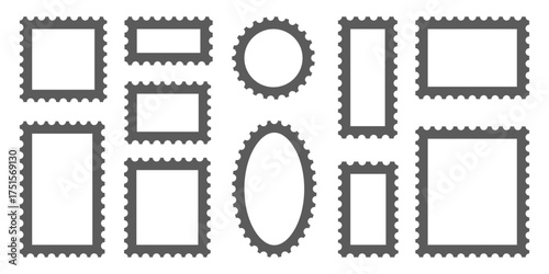 Stamp frame vector borders. Postcard shapes for vintage letter design. Square and rectangle perforated template for envelope. Mockup for photo album. Philately jagged collection