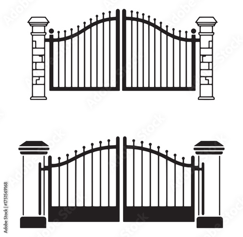 Elegant two styles black wrought iron gates on white background vector illustration